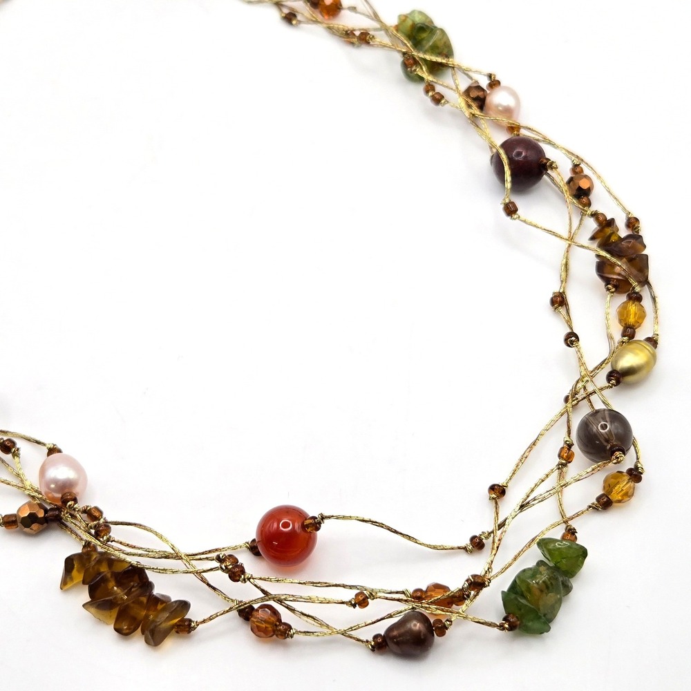 Multi Strand Gemstone Pearl Beaded Necklace Gold Tone Earth Tone Adjustable‎